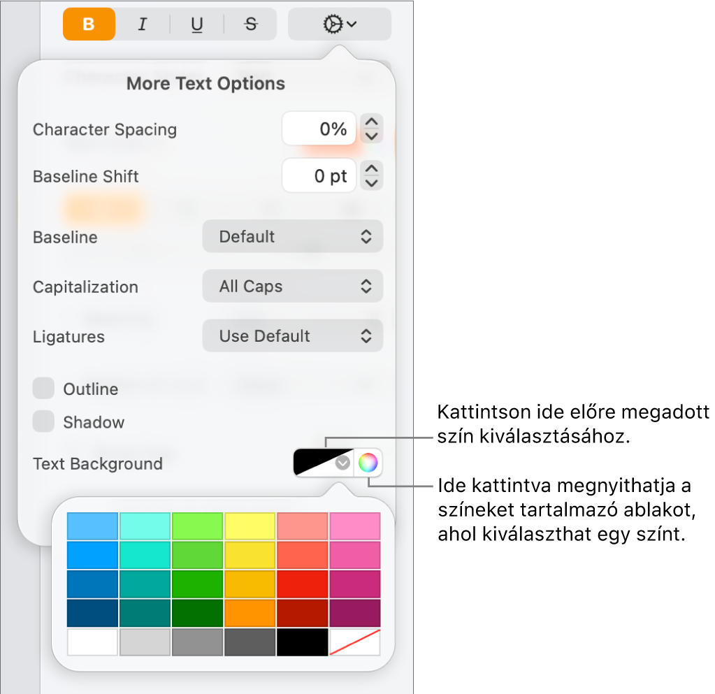 Vezérlők a szöveg háttérszínének kiválasztásához.
