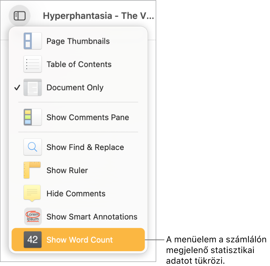 A megnyitott Nézet menü, amelynek alján a Karakterszám megjelenítése elem látható.