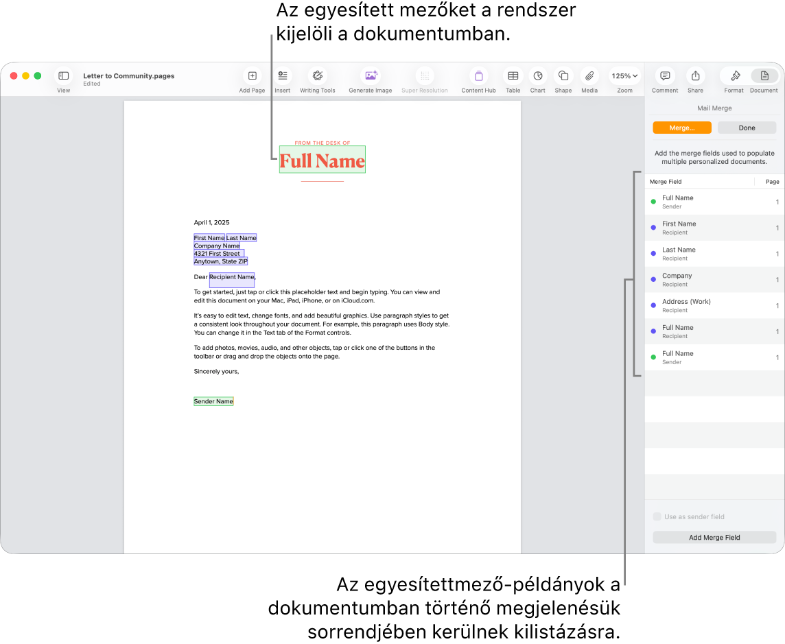 Egy Pages-dokumentum címzett és feladó Körlevélmezőkkel. A körlevélmező előfordulási lista a Dokumentum oldalsávon látható.