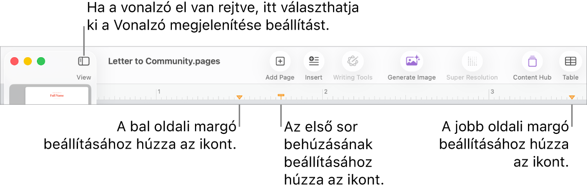 Vonalzó a bal oldali margóvezérlővel és első sori behúzásvezérlővel.