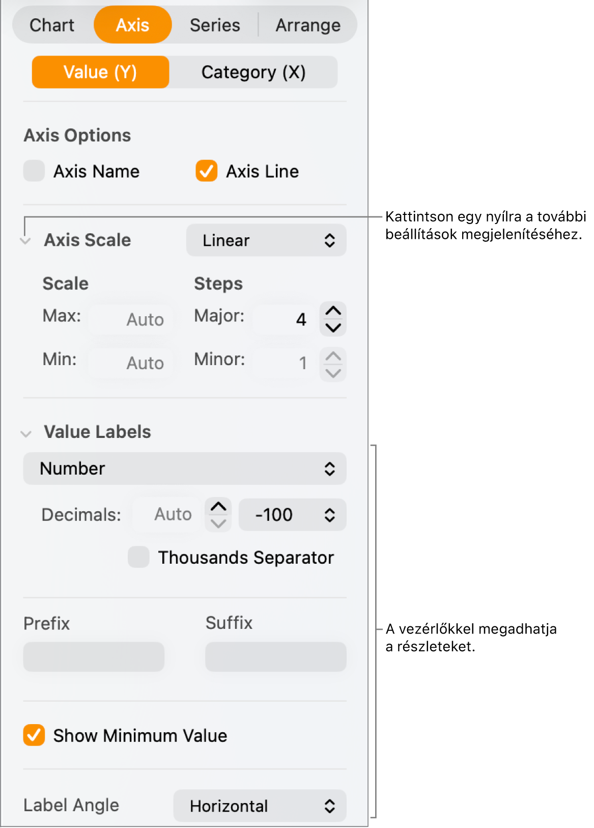 Vezérlők a diagramtengelyek jelölésének formázására.