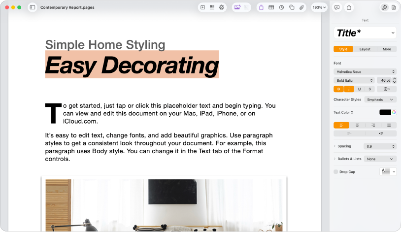 Egy megnyitott dokumentum a megnyitott Formázás oldalsávval és a kijelölt Szöveg lappal.