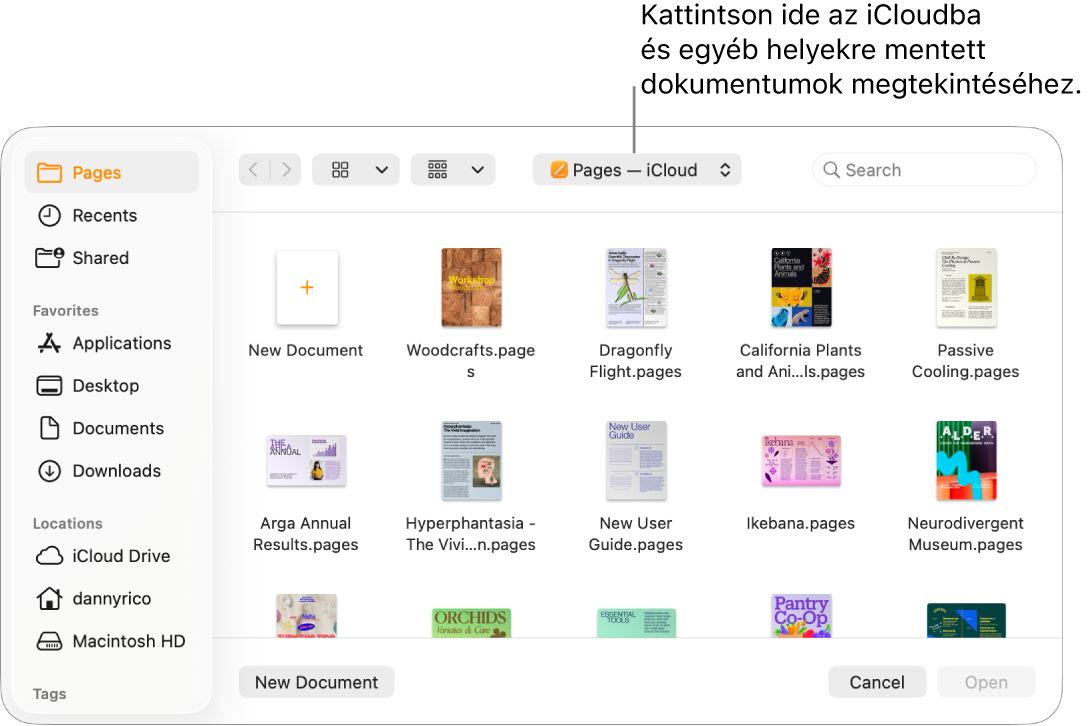 A Megnyitás párbeszédpanel megnyitott oldalsávval a bal oldalon és a felugró menüben kijelölt iCloud Drive-val a felső részen. A párbeszédablakban megjelenik a Pages mappa egy Új dokumentum gombbal.