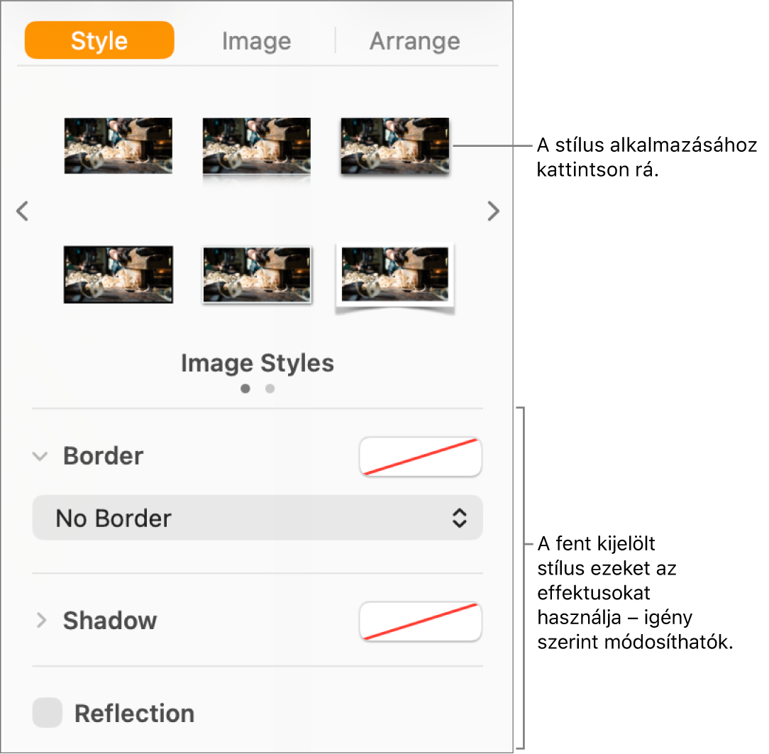 A Formátum oldalsáv Stílus lapja az objektumstílus-beállításokkal.
