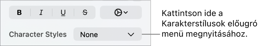 A Karakterstílusok előugró menü.
