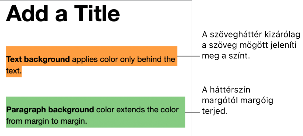 Egy bekezdés, amelyben csak a szöveg mögött van szín, és egy másik bekezdés, ahol a szín blokkszerűen a margókig terjed.
