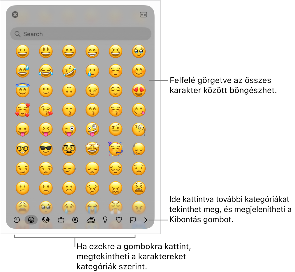 A Karaktermegtekintő menü egy emojival, az alsó részen a szimbólumok különböző kategóriáihoz használatos gombokkal, valamint a további kategóriák és a Kibontás gomb megjelenítéséhez használatos gombbal.
