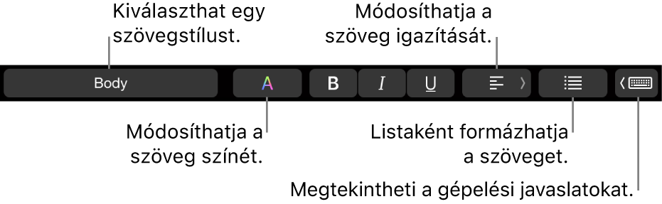 A MacBook Pro Touch Barja a szövegstílus kiválasztására, szöveg színének módosítására, a szöveg igazításának módosítására, szöveg listaként történő formázására és a gépelési javaslatok megjelenítésére szolgáló vezérlőkkel.