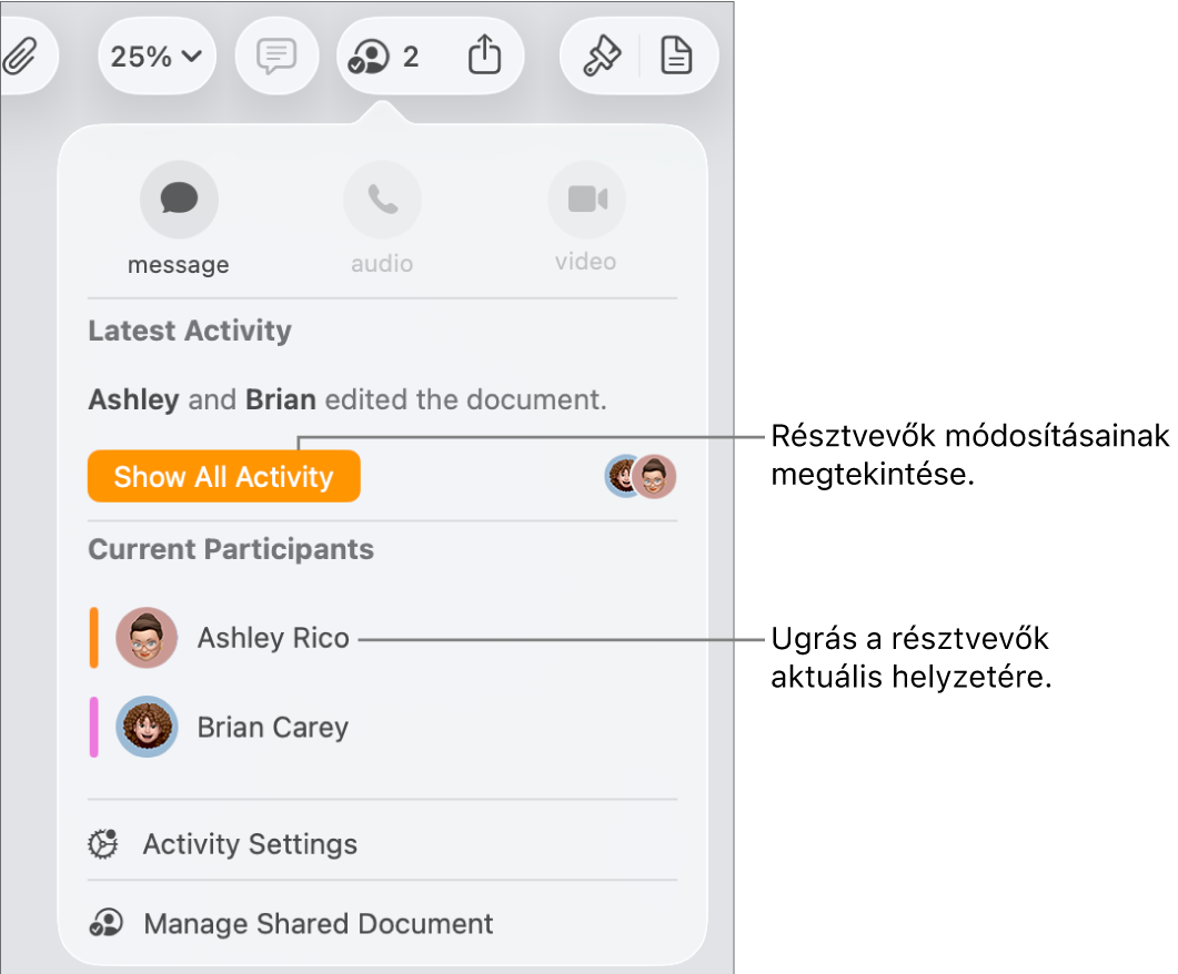 Az együttműködési menü két jelenlegi résztvevővel.