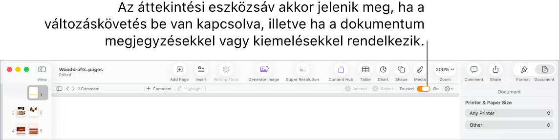 A Pages eszközsora, amelyen a változáskövetési funkció be van kapcsolva, alatta pedig az áttekintési eszközsor.