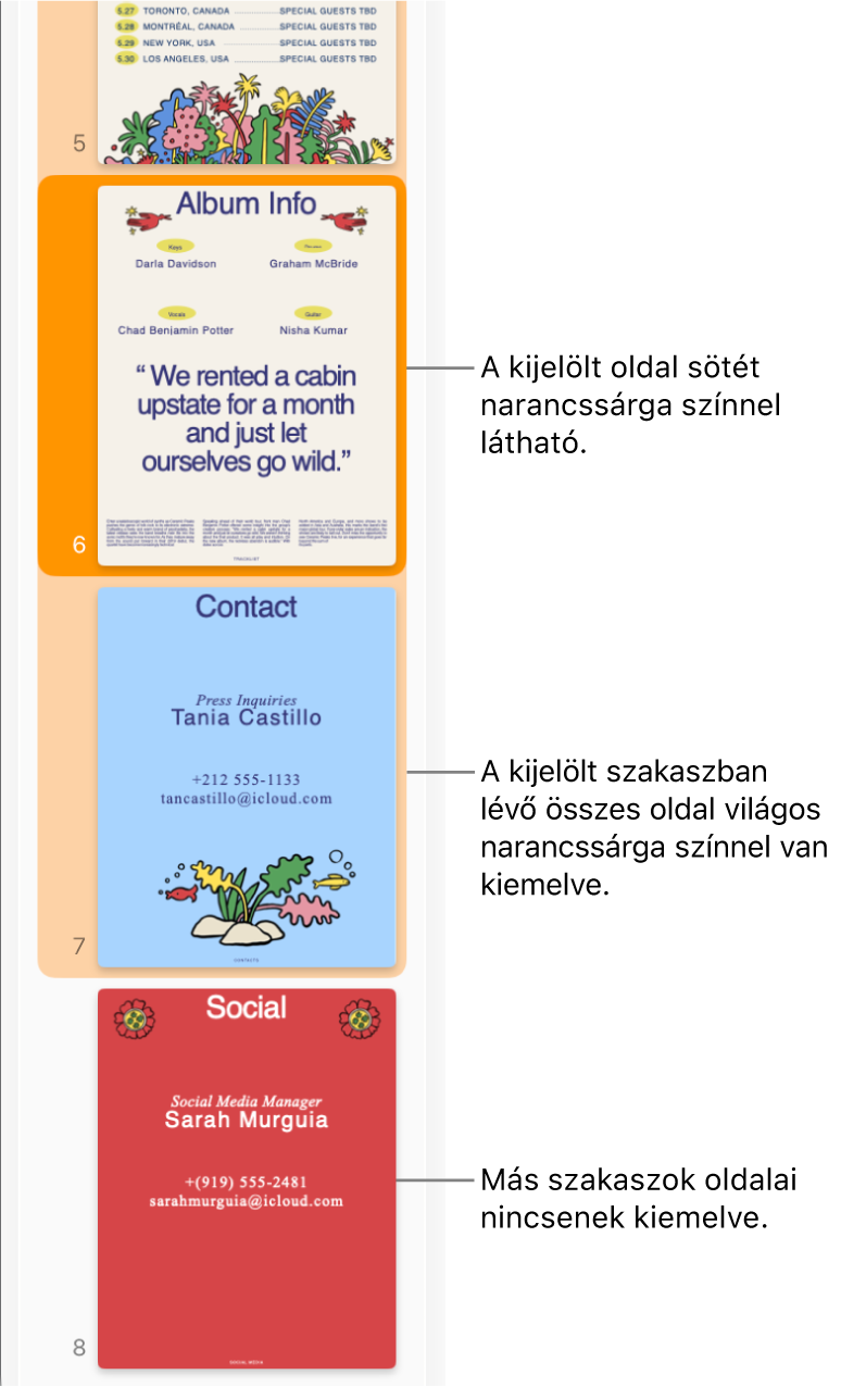 Az Oldalbélyegképek nézete oldalsáv, a kiválasztott oldal sötét narancssárgával kiemelve, és a kiválasztott szakasz összes oldala világos narancssárgával kiemelve.