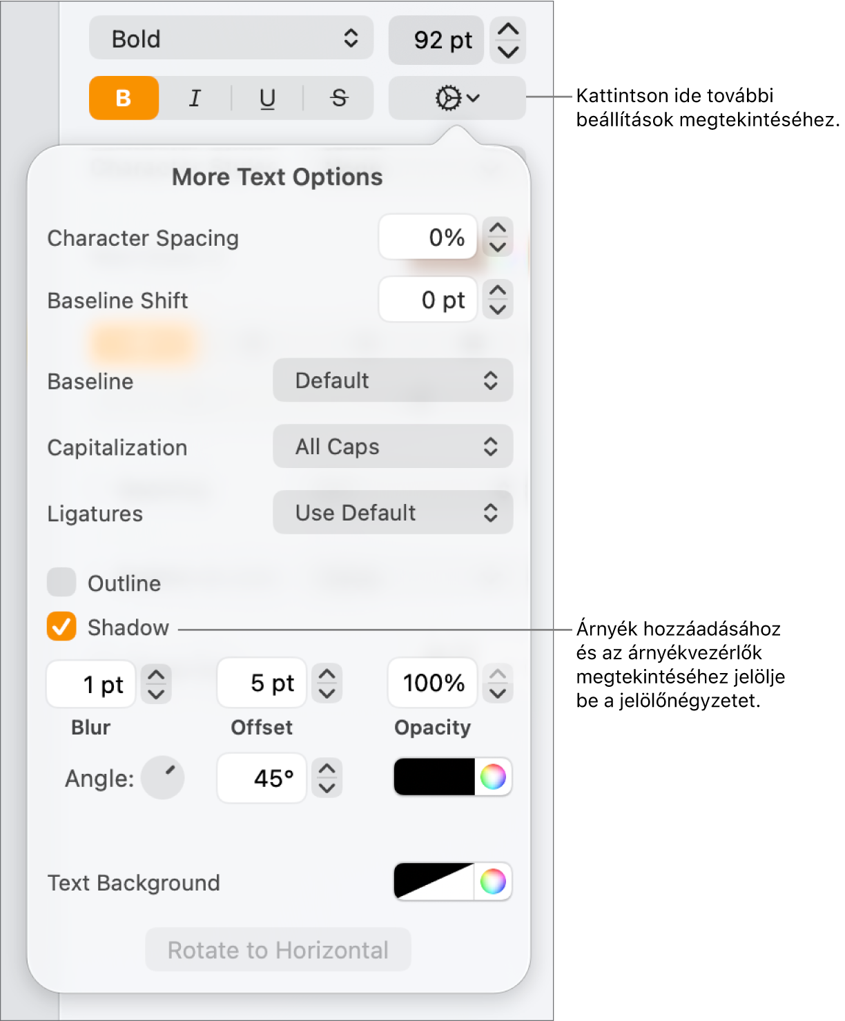 A Haladó beállítások menü megnyitott állapotban a bejelölt Árnyékok jelölőnégyzettel, valamint az elmosódás, az eltolás, az átlátszatlanság, a szög és a szín beállítására szolgáló vezérlőkkel.
