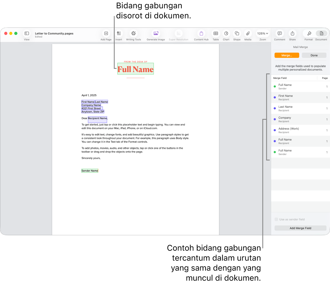 Dokumen Pages dengan bidang gabungan penerima dan pengirim, serta daftar contoh bidang gabungan terlihat di bar samping Dokumen.