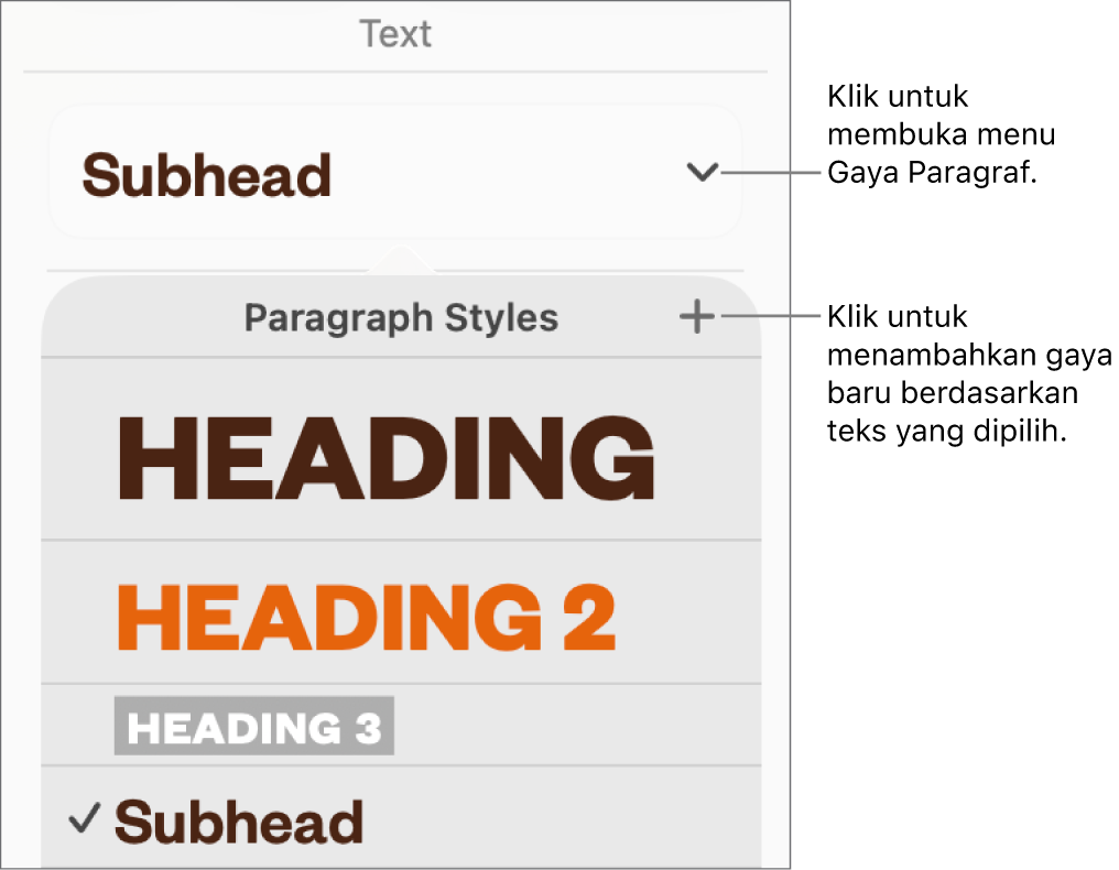 Menu Gaya Paragraf, menampilkan kontrol untuk menambahkan atau mengubah gaya.