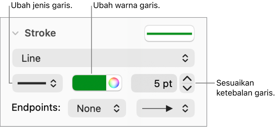 Kontrol goresan untuk mengatur titik akhir, ketebalan garis, dan warna.