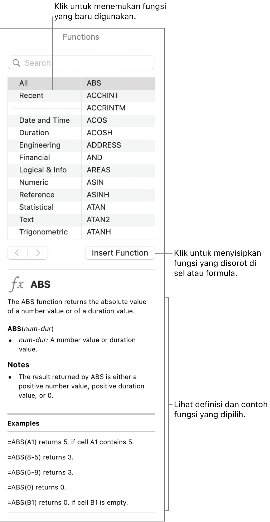 Browser Fungsi dengan keterangan pada fungsi yang baru digunakan, tombol Sisipkan Fungsi, dan definisi fungsi.