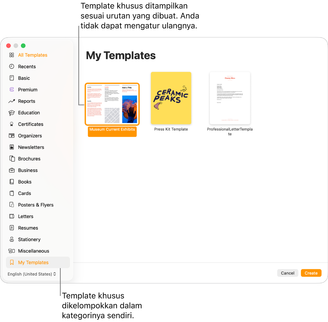 Pemilih template dengan Template Saya sebagai kategori terakhir di sebelah kiri. Template khusus ditampilkan dalam urutan pembuatan dan tidak dapat diatur ulang.