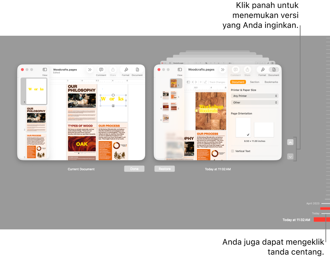 Garis waktu versi menampilkan dokumen saat ini di sebelah kiri dan versi terbaru di sebelah kanan.