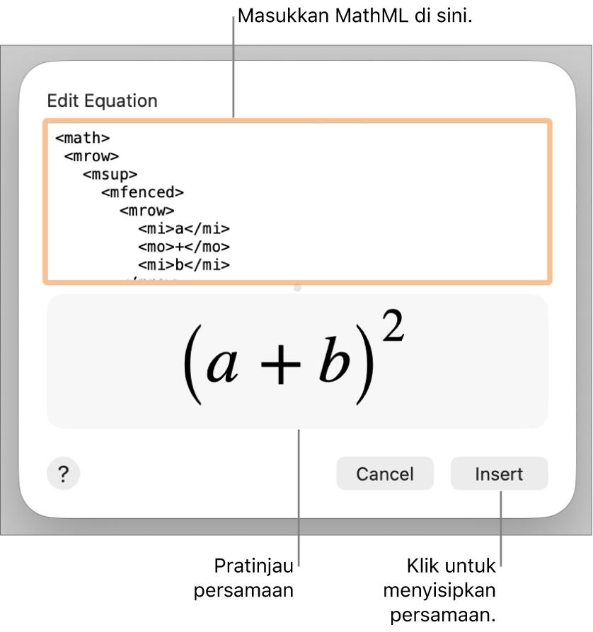 Persamaan untuk kemiringan garis di bidang Edit Persamaan, dan pratinjau formula di bawah.