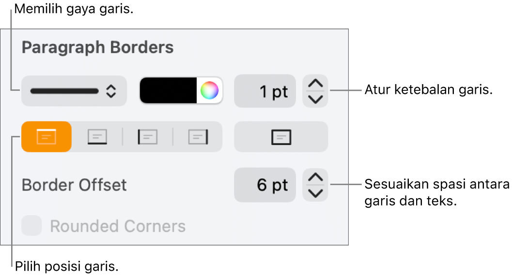 Kontrol untuk mengubah gaya, ketebalan, posisi, dan warna garis.