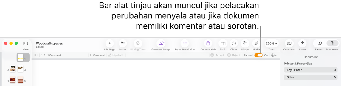 Bar alat Pages dengan pelacakan perubahan dinyalakan dan bar alat tinjauan di bawah bar alat Pages.