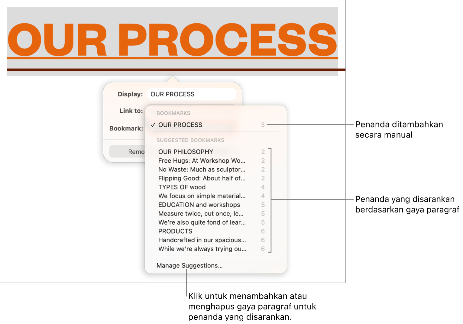 Daftar penanda dengan penanda yang ditambahkan secara manual di atas dan penanda yang disarankan di bawah. Pilihan Kelola Saran berada di bagian bawah.