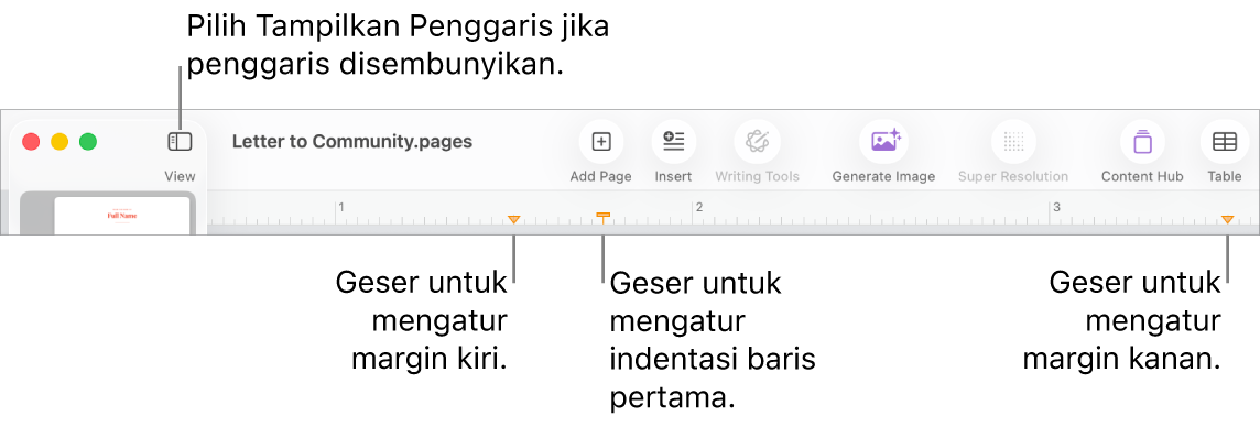 Penggaris dengan kontrol margin kiri dan kontrol indentasi baris pertama.