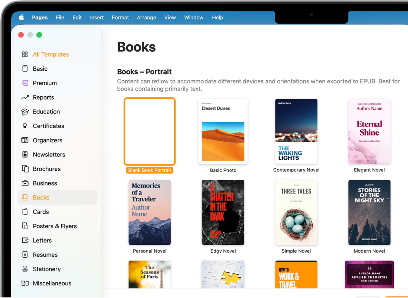 Pemilih template dengan Buku dipilih di daftar kategori di sebelah kiri, dan template buku dalam orientasi potret di sebelah kanan.