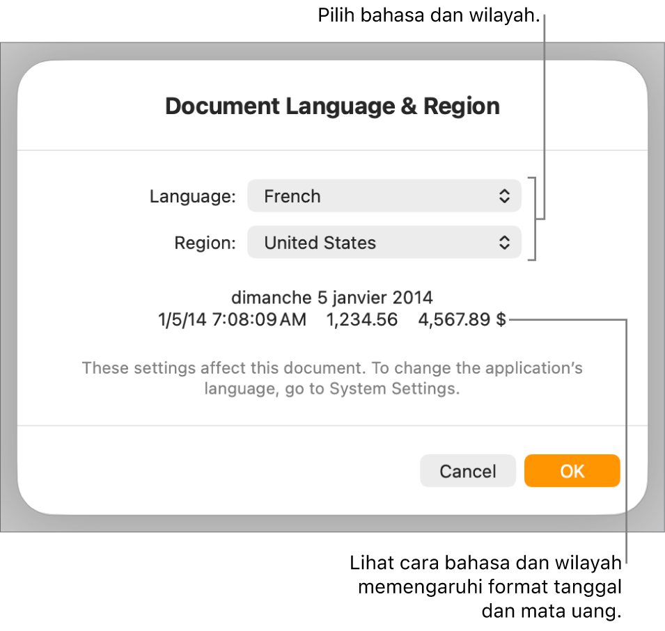 Panel Bahasa & Wilayah dengan kontrol untuk bahasa dan wilayah, serta contoh format termasuk tanggal, waktu, desimal, dan mata uang.