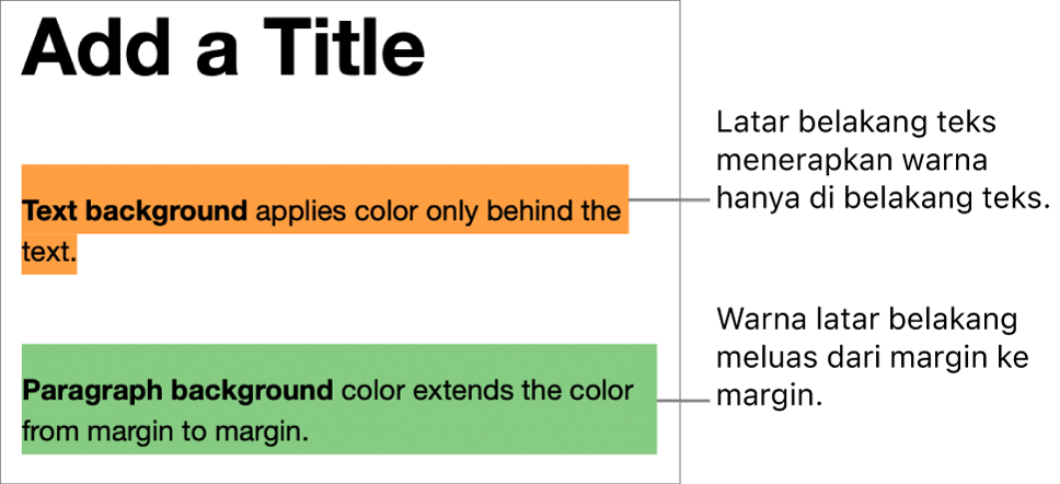 Satu paragraf dengan warna hanya di belakang teks dan paragraf kedua dengan warna di belakangnya yang diperpanjang dari margin ke margin dalam blok.