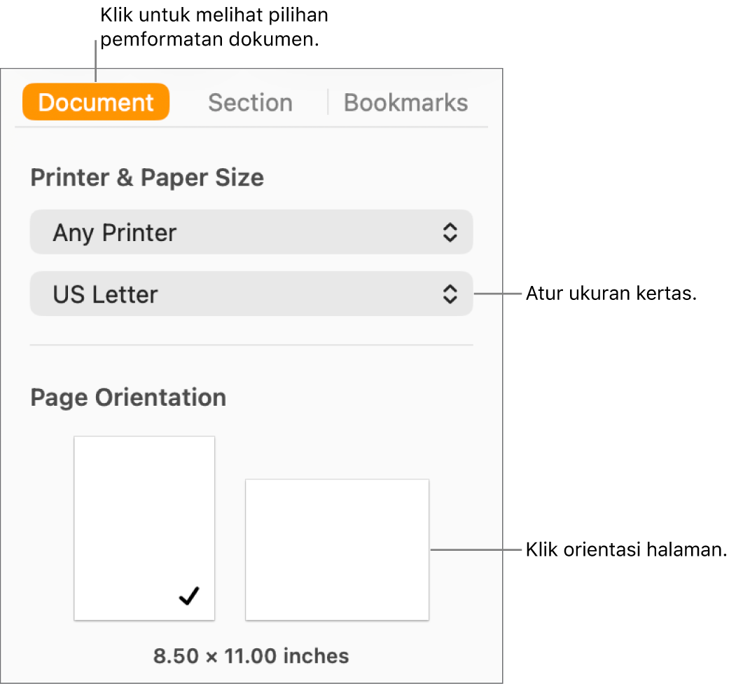 Bar samping Dokumen dengan tab Dokumen di bagian atas bar samping dipilih. Di bar samping terdapat menu pop-up untuk mengatur ukuran kertas, dan tombol untuk orientasi halaman potret dan lanskap.