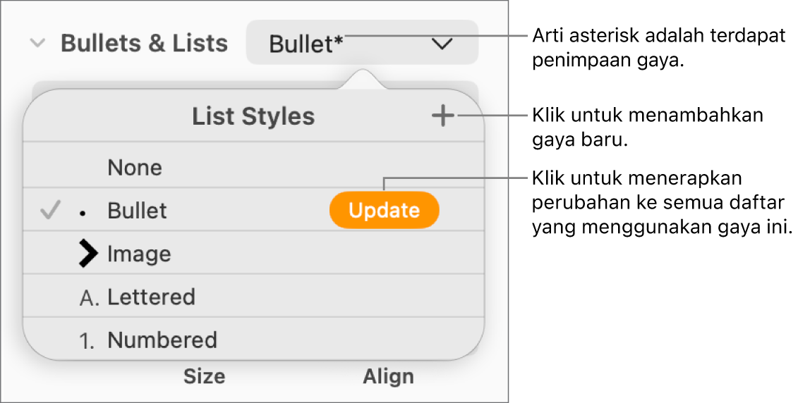 Menu pop-up Gaya Daftar dengan asterisk yang menunjukkan penimpaan dan keterangan pada tombol Gaya Baru, dan submenu pilihan untuk mengelola gaya.