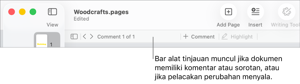Bar alat Pages di bagian atas layar dengan tombol di sepanjang bagian atas untuk Lihat, Zoom, Tambah Halaman, Sisipkan, Tabel, Bagan, Teks, Bentuk, Media, dan Komentar. Di bawah bar alat Pages terdapat bar alat tinjauan dengan tombol sembunyikan atau tampilkan komentar, panah untuk membuka komentar sebelumnya atau berikutnya, jumlah total komentar, dan tombol tambah komentar atau sorotan.