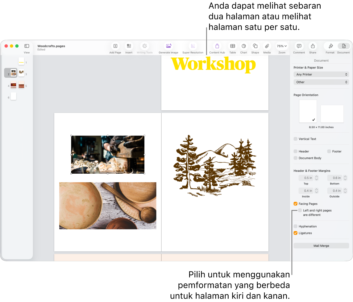 Halaman Pages dengan gambar mini halaman dan halaman dokumen dilihat sebagai sebaran dua halaman. Di bar samping Dokumen di sebelah kanan, kotak centang “Halaman kiri dan kanan berbeda” dibatalkan pilihannya.