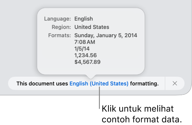 Pemberitahuan pengaturan bahasa dan wilayah yang berbeda, menunjukkan contoh format dalam bahasa dan wilayah tersebut.