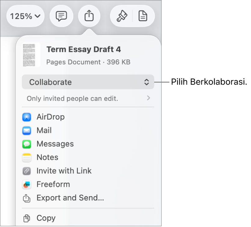 Menu Bagikan dengan Kolaborasi dipilih di bagian atas, dan pengaturan dan izin di bawahnya.