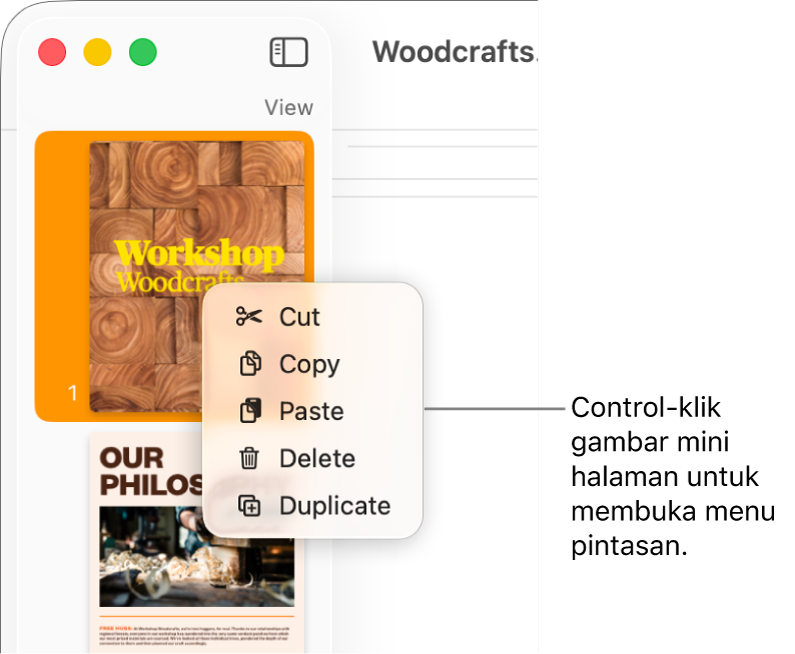 Tampilan Gambar Mini Halaman dengan satu gambar mini dipilih dan menu pintasan dibuka.