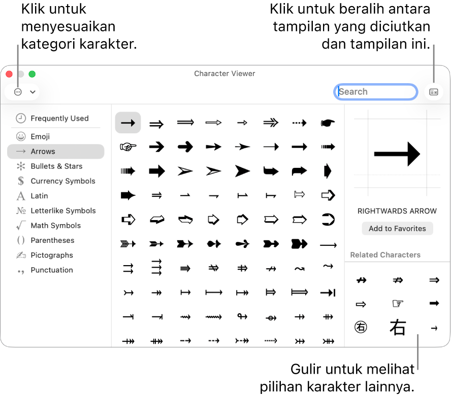 Penampil Karakter yang diperluas menampilkan karakter dan simbol khusus, menu untuk kategori simbol yang berbeda di sebelah kiri, dan tombol di pojok kanan atas yang memungkinkan Anda kembali ke tampilan yang diciutkan.