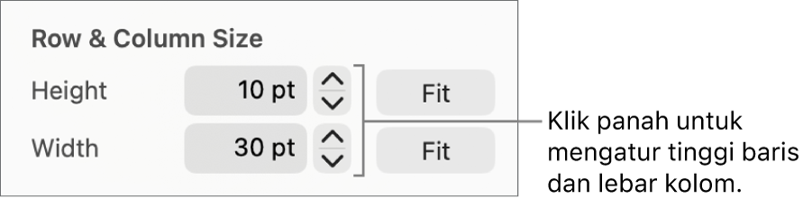 Kontrol untuk mengatur ketepatan ukuran baris atau kolom.