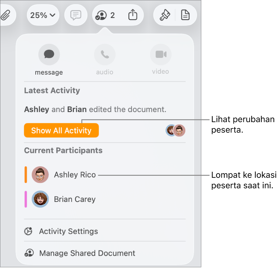 Menu kolaborasi dengan dua peserta saat ini terdaftar.
