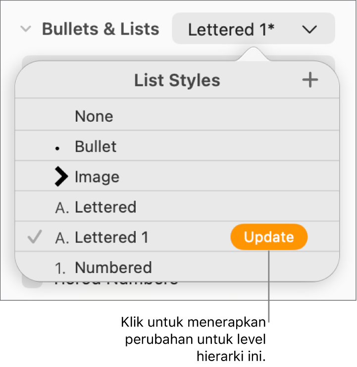 Menu pop-up Gaya Daftar dengan tombol Perbarui di samping nama gaya baru.