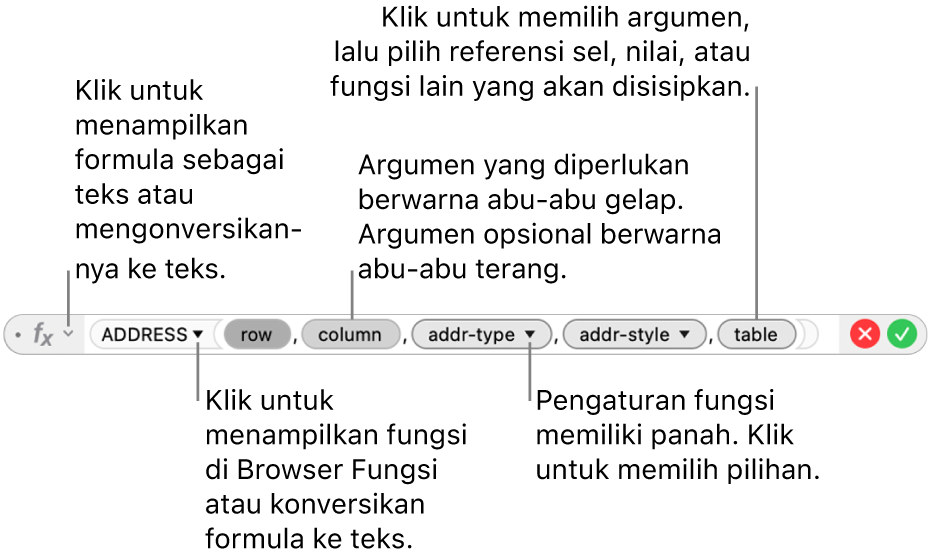 Editor Formula menampilkan fungsi ADDRESS dan argumen tokennya.