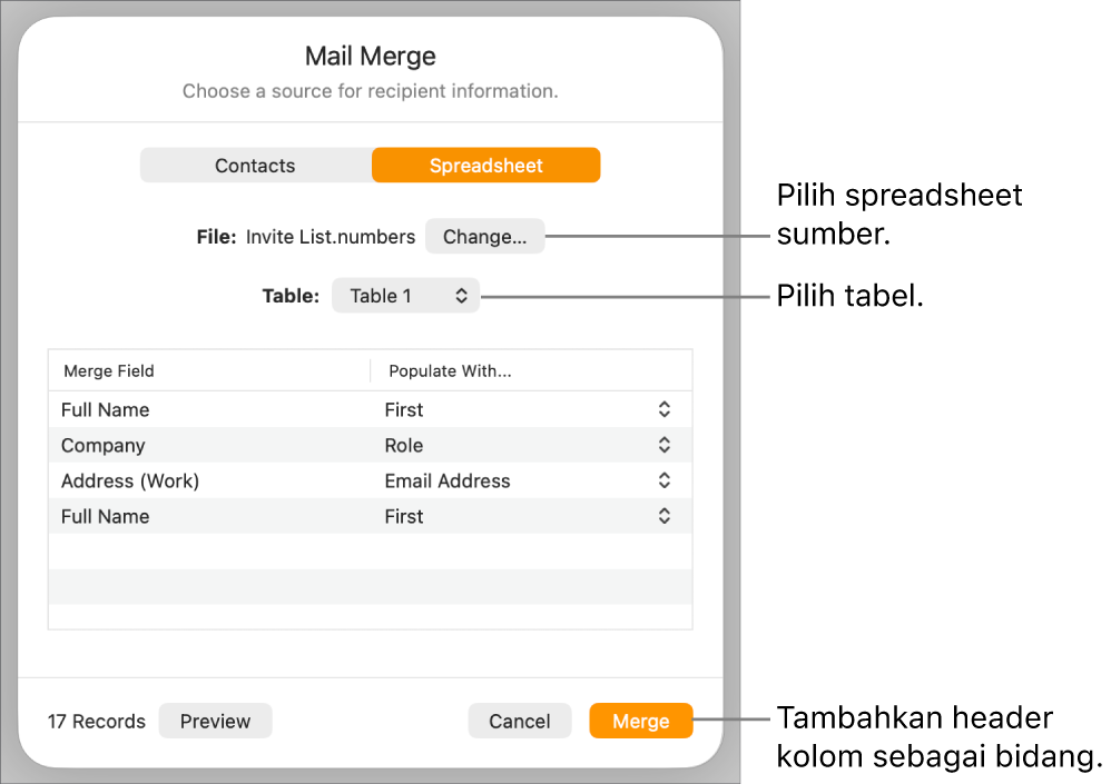 Panel Pratinjau Bidang Gabungan dibuka, dengan pilihan untuk mengubah file atau tabel sumber, mempratinjau nama bidang gabungan, atau menambahkan header kolom sebagai bidang.