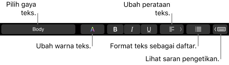 Touch Bar MacBook Pro dengan kontrol untuk memilih gaya teks, mengubah warna teks, mengubah perataan teks, memformat teks sebagai daftar, dan menampilkan saran pengetikan.