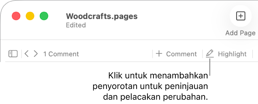 Bar menu menampilkan menu Sisipkan dan di bagian bawahnya, terdapat bar alat Pages dengan alat tinjauan dan keterangan pada tombol Sorot.