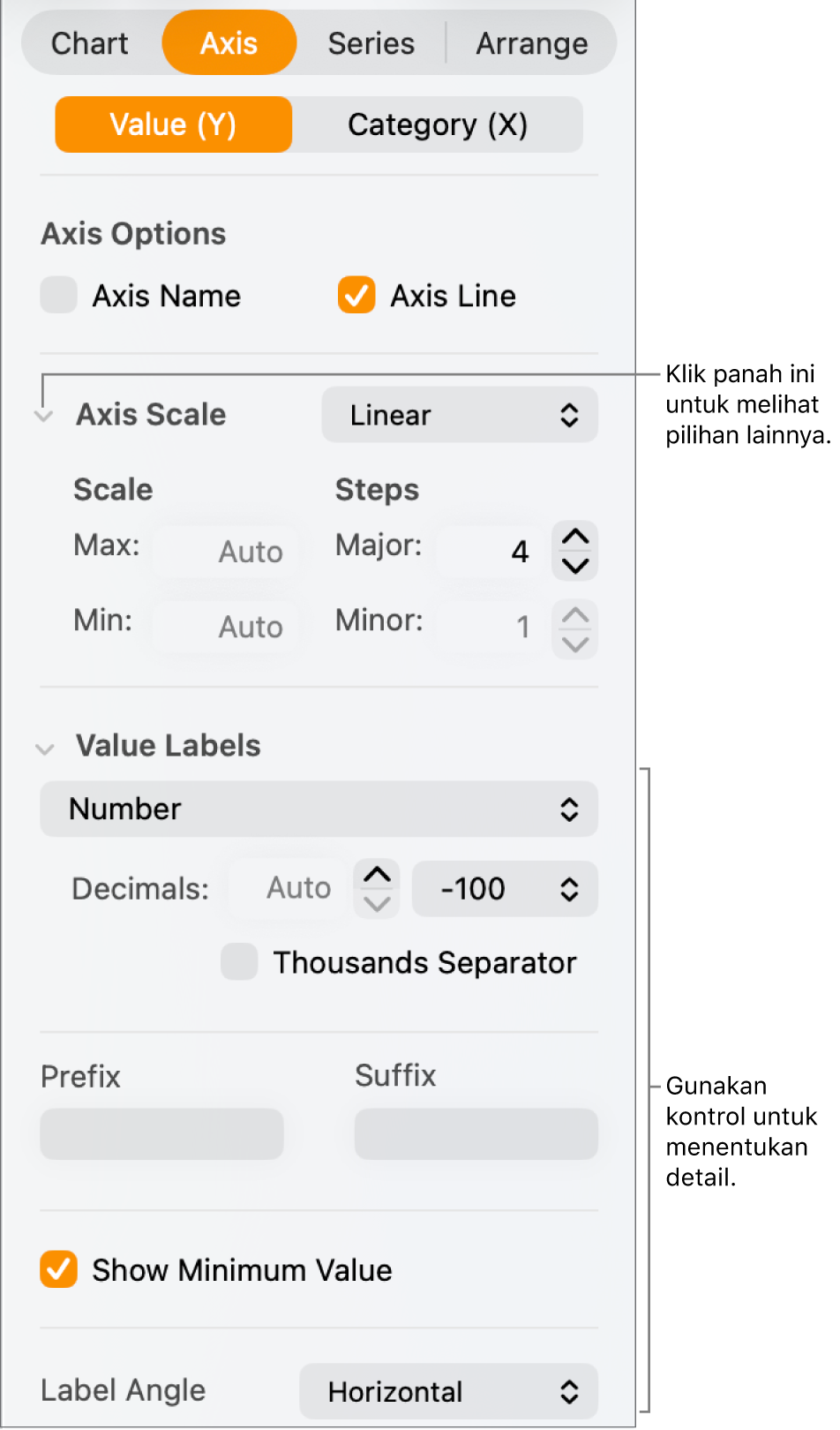 Kontrol untuk memformat penandaan sumbu bagan.