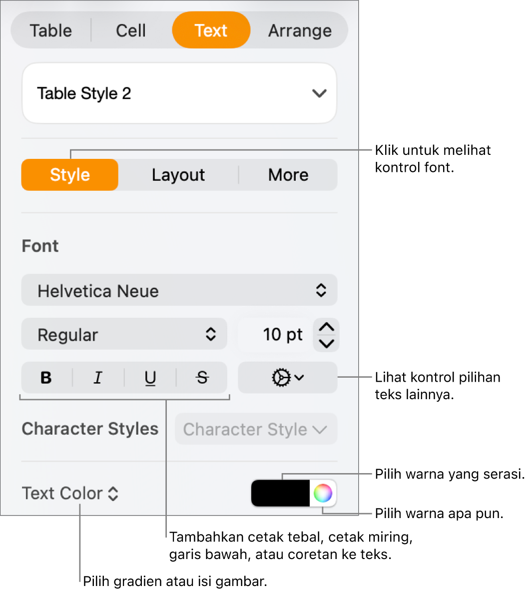 Kontrol untuk memberi gaya pada teks tabel.