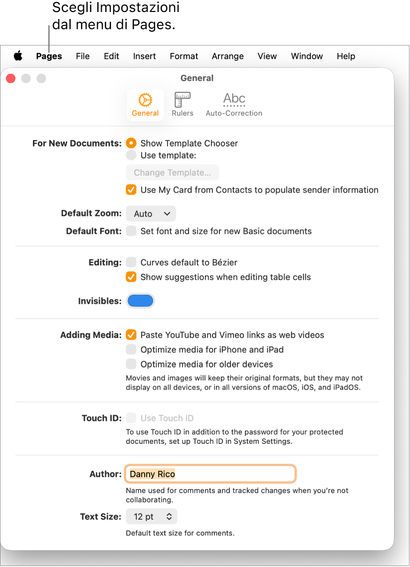 La finestra Impostazioni di Pages con il pannello Generali aperto, con impostazioni per nuovi documenti, zoom e font di default, modifica, equazioni, elementi invisibili, aggiunta di file multimediali, Touch ID, nome dell’autore e dimensione del testo di default.