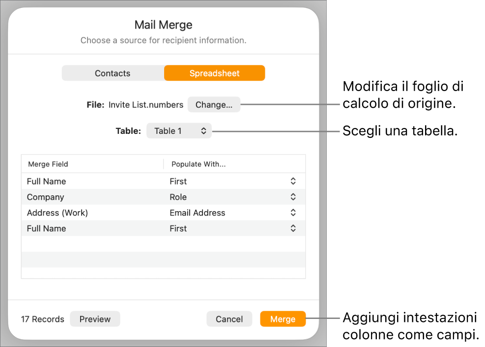 Si apre il riquadro “Anteprima campi unione”, con le opzioni per modificare il file o la tabella di origine, visualizzare l’anteprima dei nomi dei campi unione o aggiungere le intestazioni delle colonne come campi.