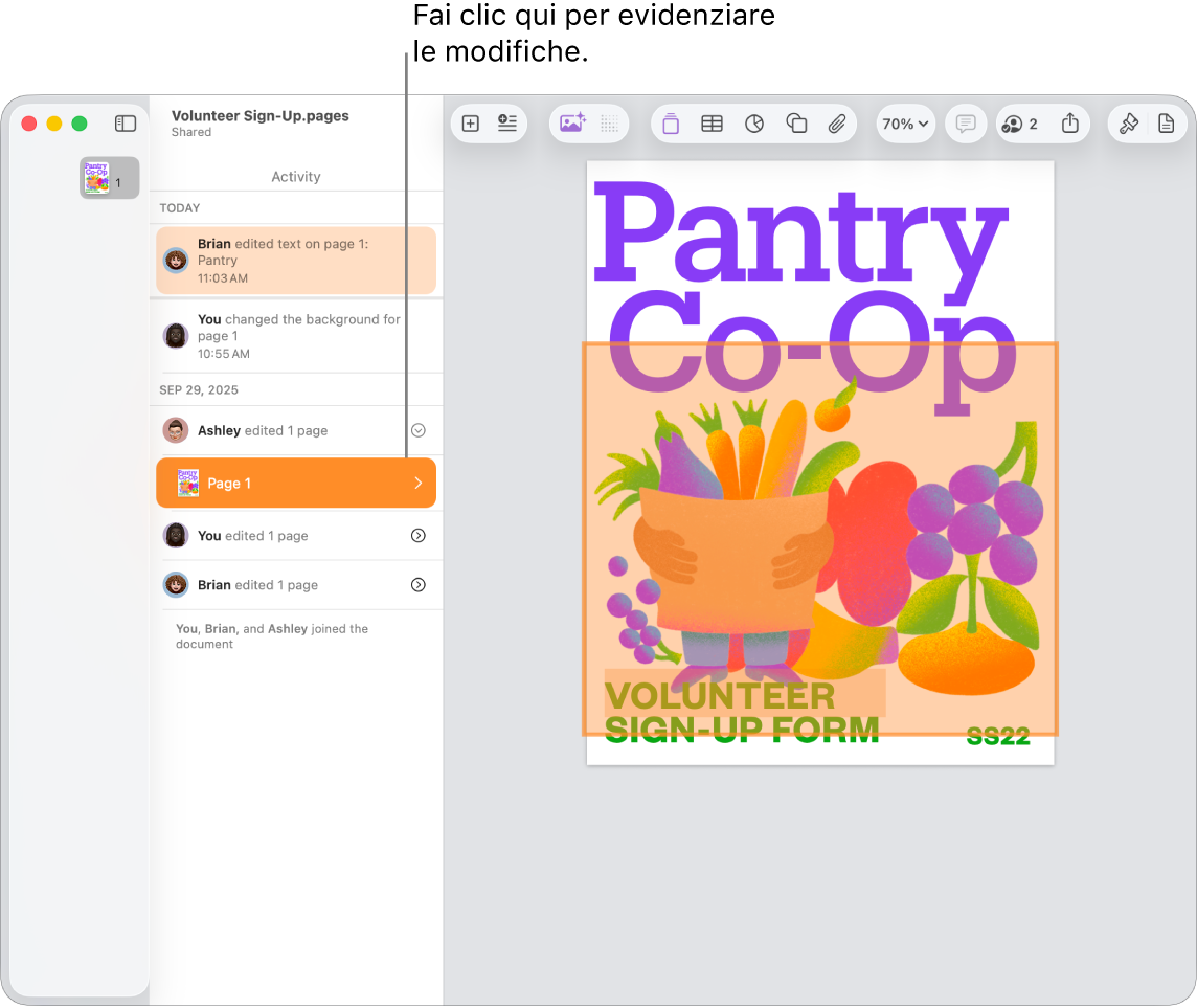 Un documento collaborativo con il menu di collaborazione e l’elenco delle attività aperti.